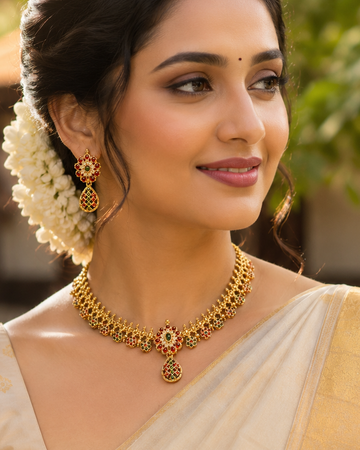 Gold Ruby Emerald Polki Floral Cluster Choker Necklace Set | OL100