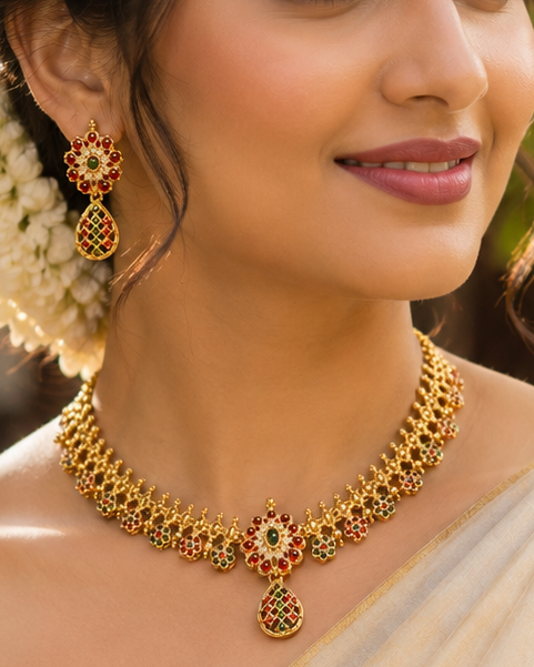 Gold Ruby Emerald Polki Floral Cluster Choker Necklace Set | OL100