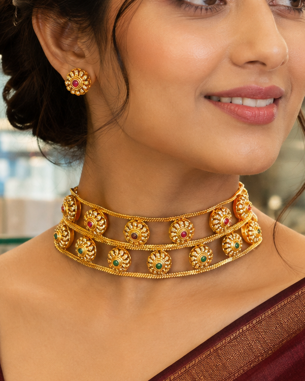 Antique Gold Ruby Emerald Choker Necklace Set | OLT53