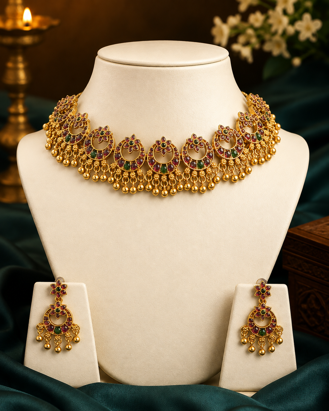 ntique Gold Ruby Emerald Moon Chandbali Flower Top Gold Ball Fringe Choker Set | ONK101
