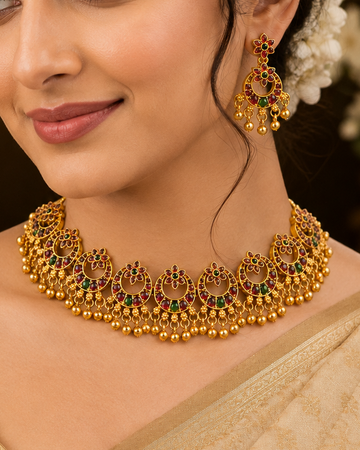 ntique Gold Ruby Emerald Moon Chandbali Flower Top Gold Ball Fringe Choker Set | ONK101