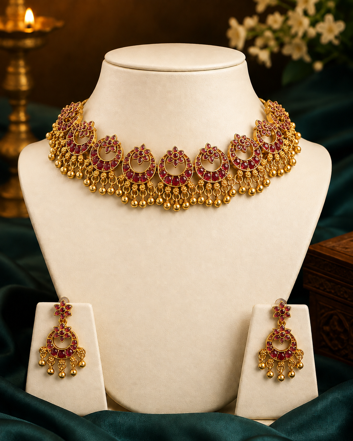 ntique Gold Ruby Emerald Moon Chandbali Flower Top Gold Ball Fringe Choker Set | ONK101