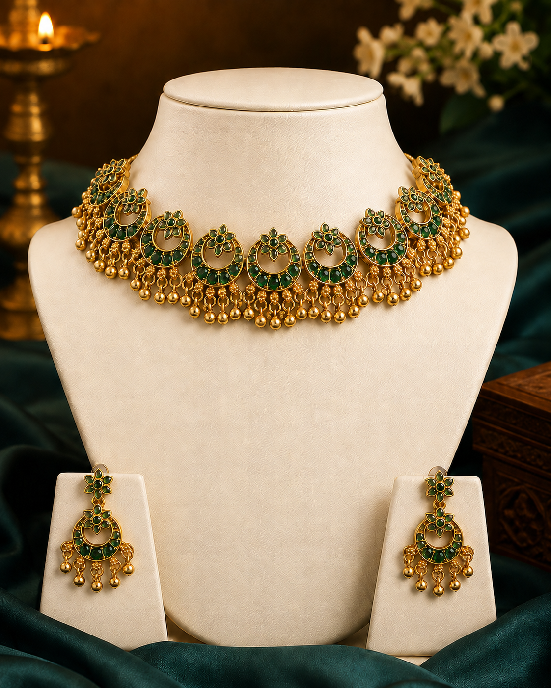 ntique Gold Ruby Emerald Moon Chandbali Flower Top Gold Ball Fringe Choker Set | ONK101