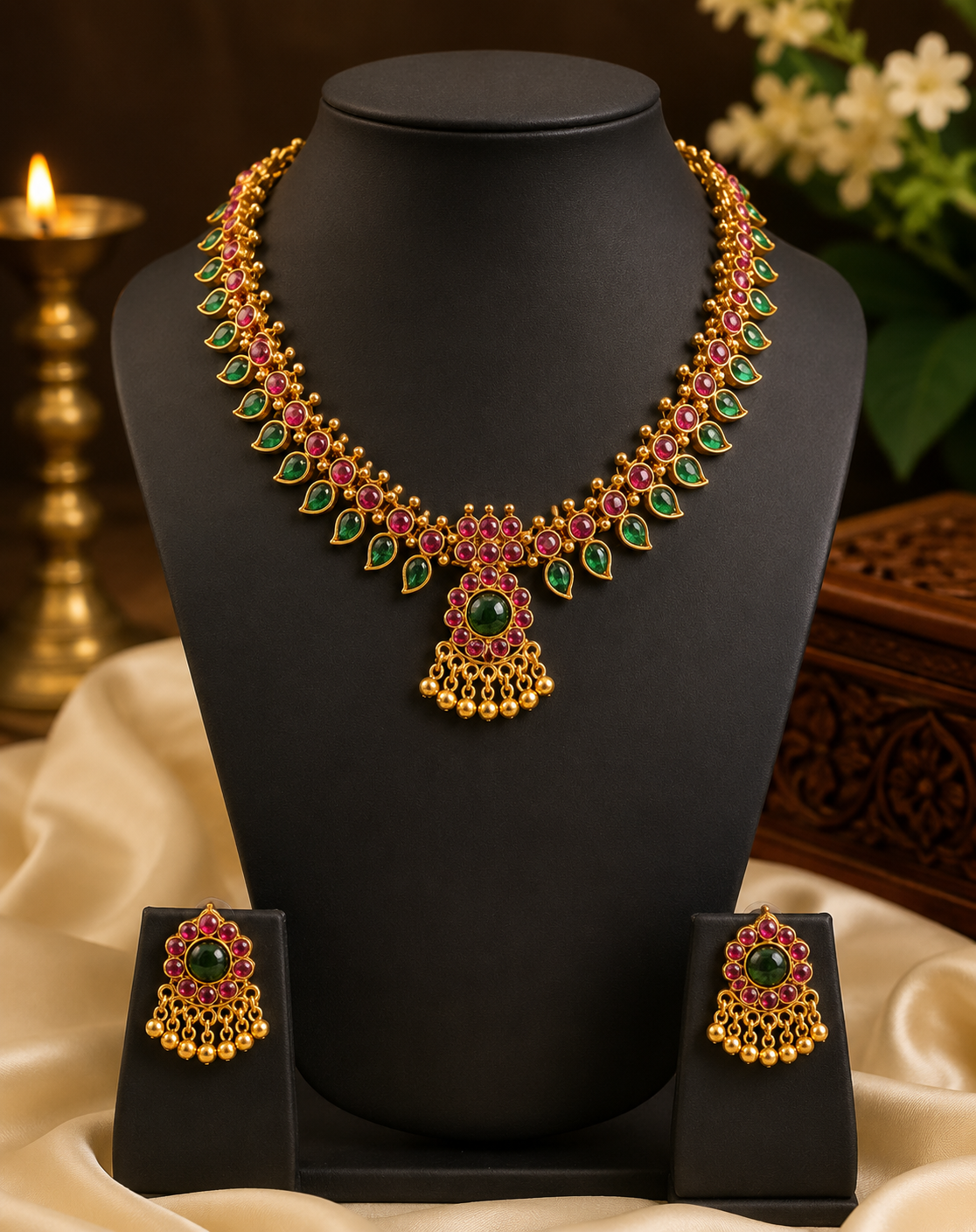 Antique Gold Ruby Necklace Set with Emerald Fan Pendant | ONK100