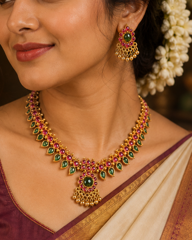 Antique Gold Ruby Necklace Set with Emerald Fan Pendant | ONK100