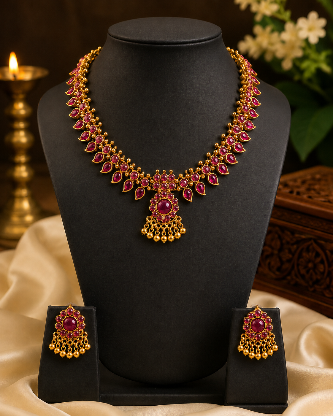 Antique Gold Ruby Necklace Set with Emerald Fan Pendant | ONK100