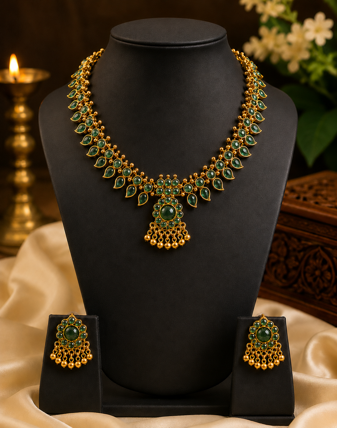Antique Gold Ruby Necklace Set with Emerald Fan Pendant | ONK100