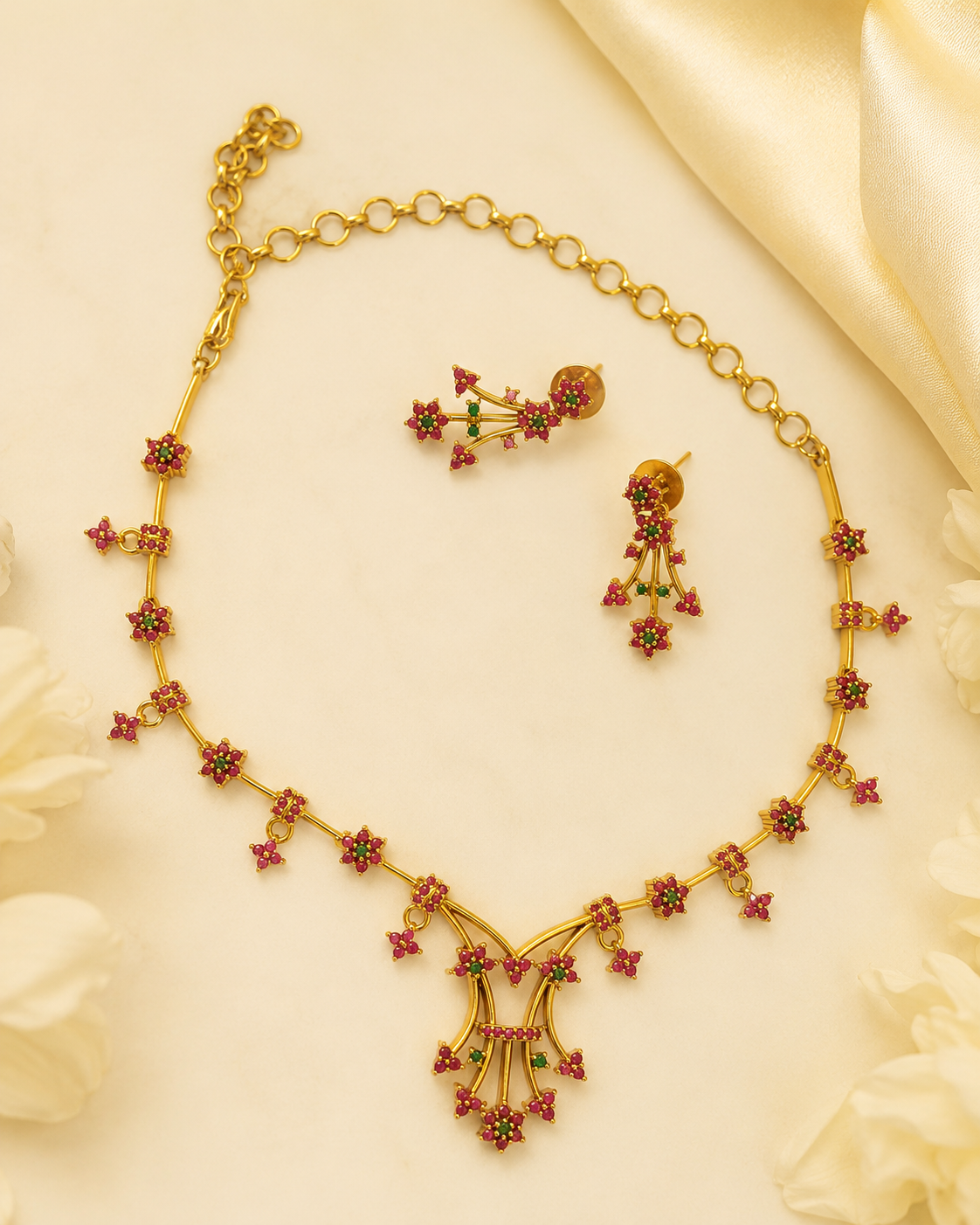 Gold Ruby Emerald Necklace Set with Matching Fan Drop Earrings | ONK32