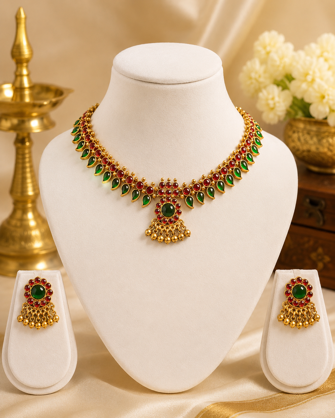 Gold Ruby Emerald Kemp Teardrop Fan Choker Necklace Set with Jhumka Pendant | OL112