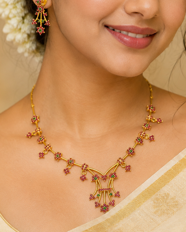 Gold Ruby Emerald Necklace Set with Matching Fan Drop Earrings | ONK32