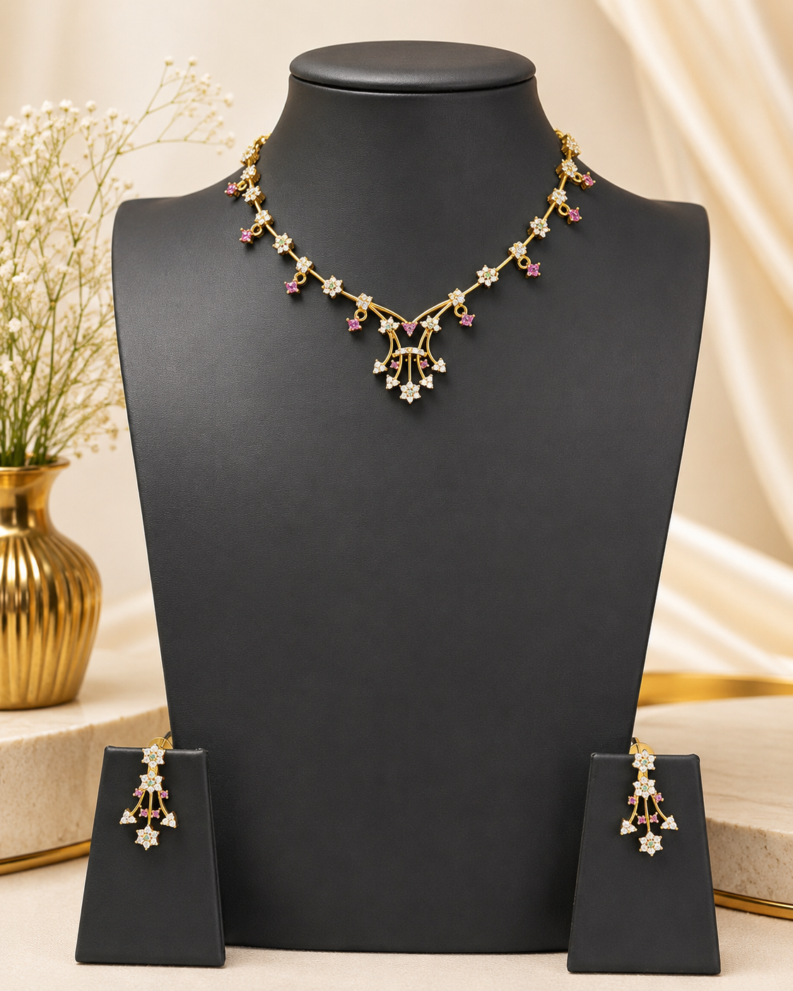 Gold Ruby Emerald Necklace Set with Matching Fan Drop Earrings | ONK32