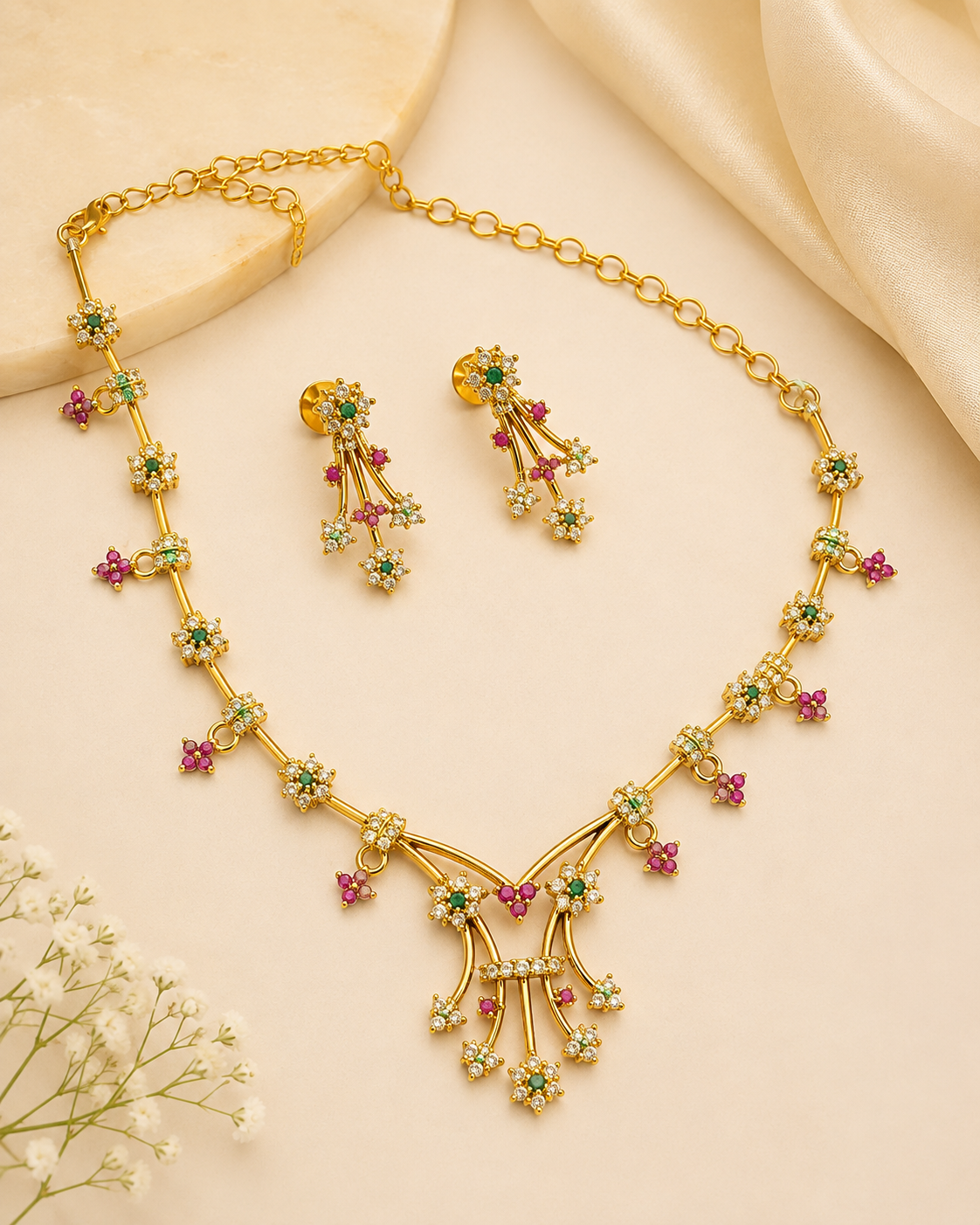 Gold Ruby Emerald Necklace Set with Matching Fan Drop Earrings | ONK32
