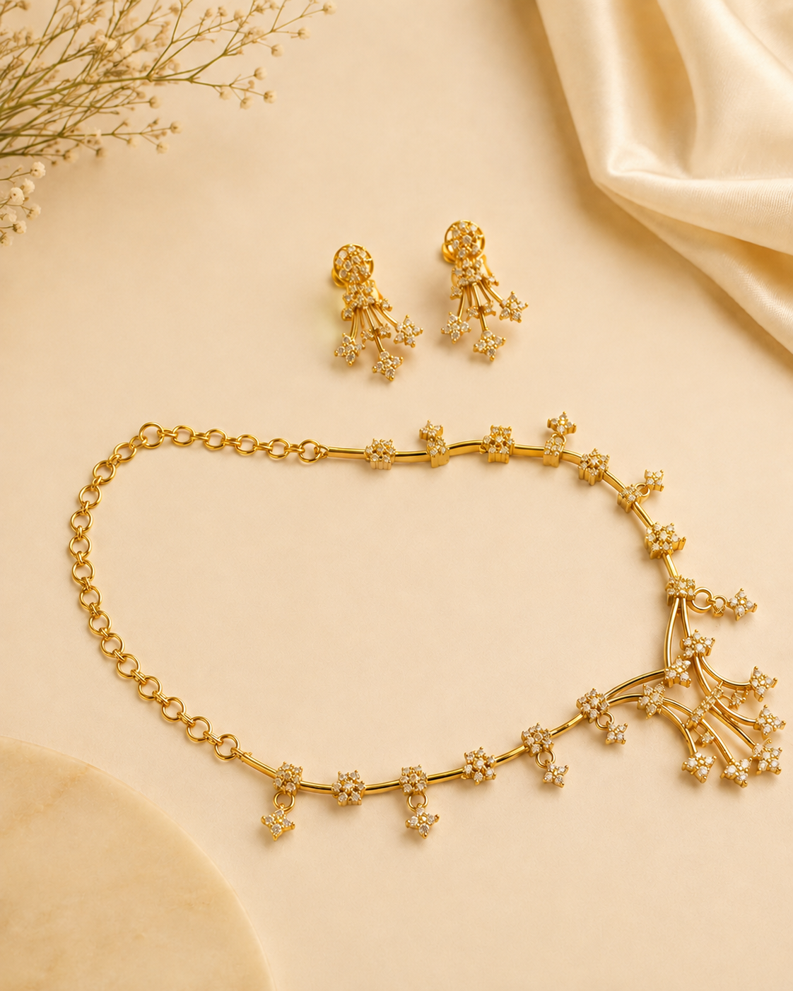 Gold Ruby Emerald Necklace Set with Matching Fan Drop Earrings | ONK32