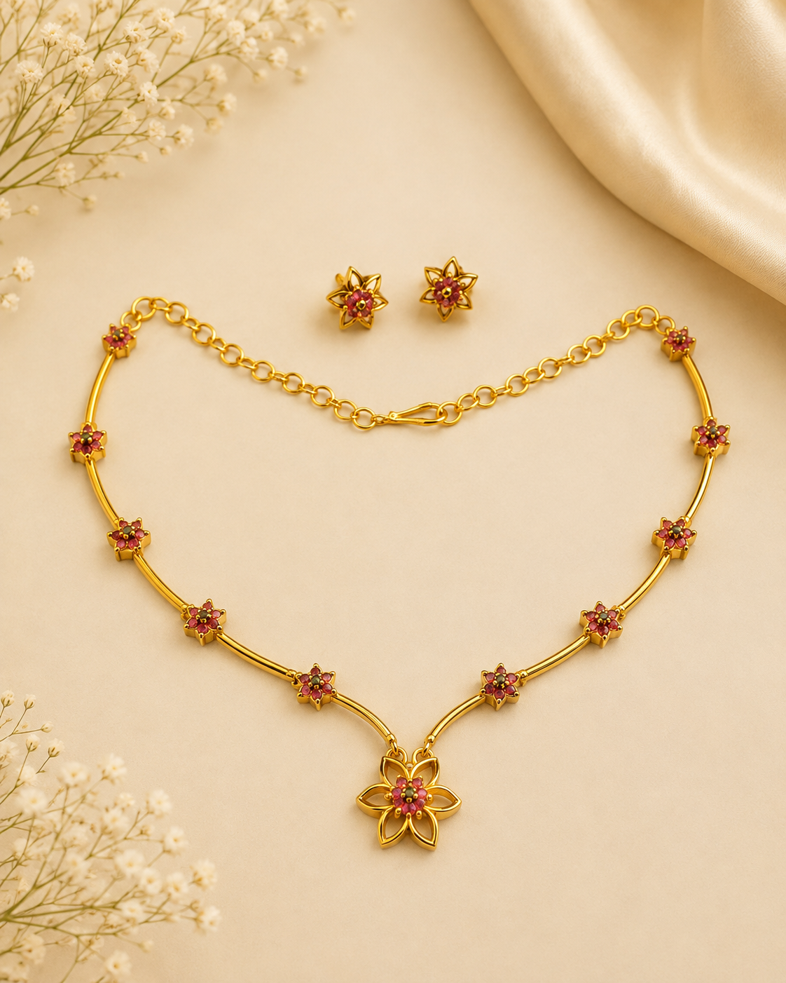 Gold White CZ Pave Open Lotus Flower Pendant Tube Bar Station Necklace Set | ONK65