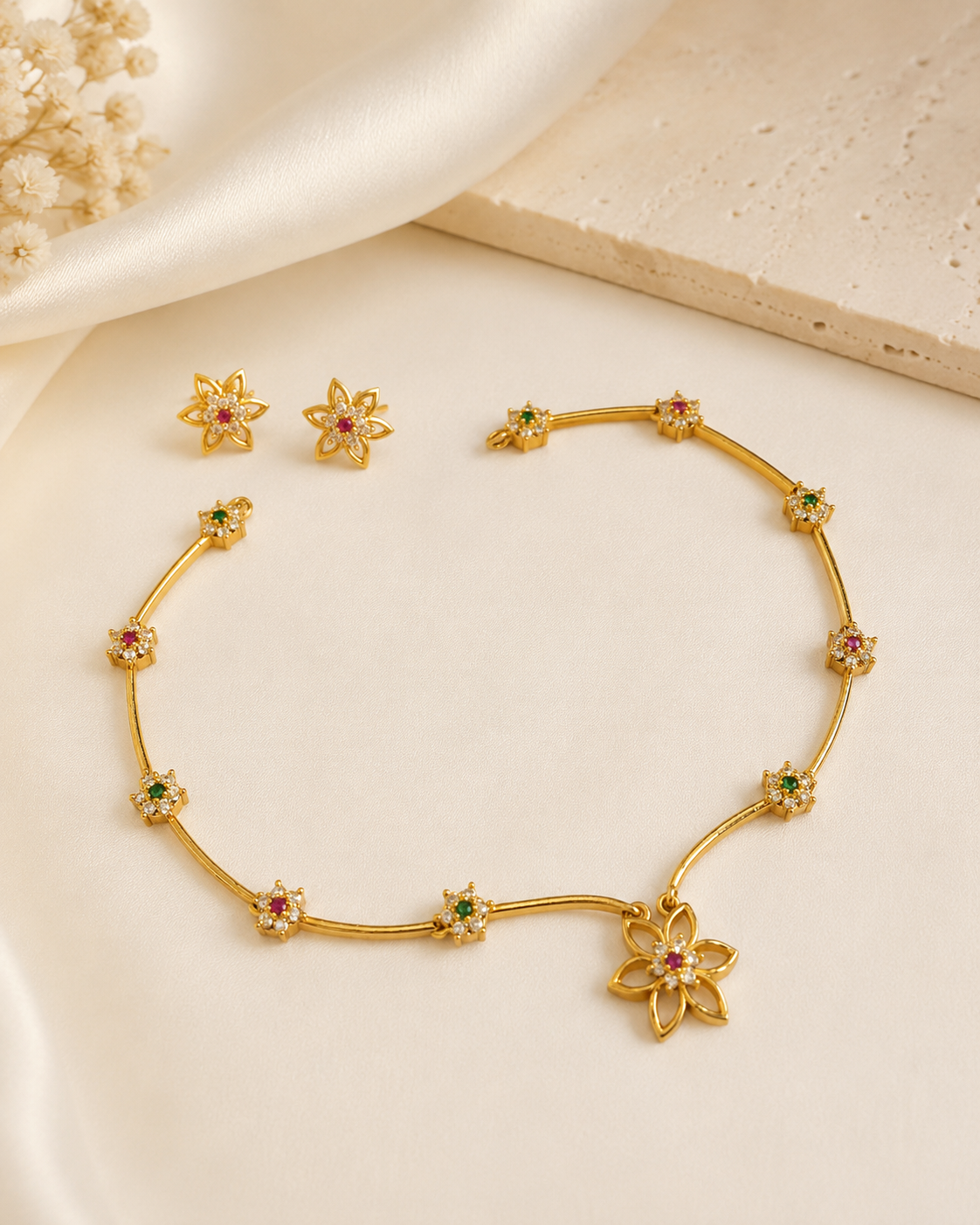 Gold White CZ Pave Open Lotus Flower Pendant Tube Bar Station Necklace Set | ONK65