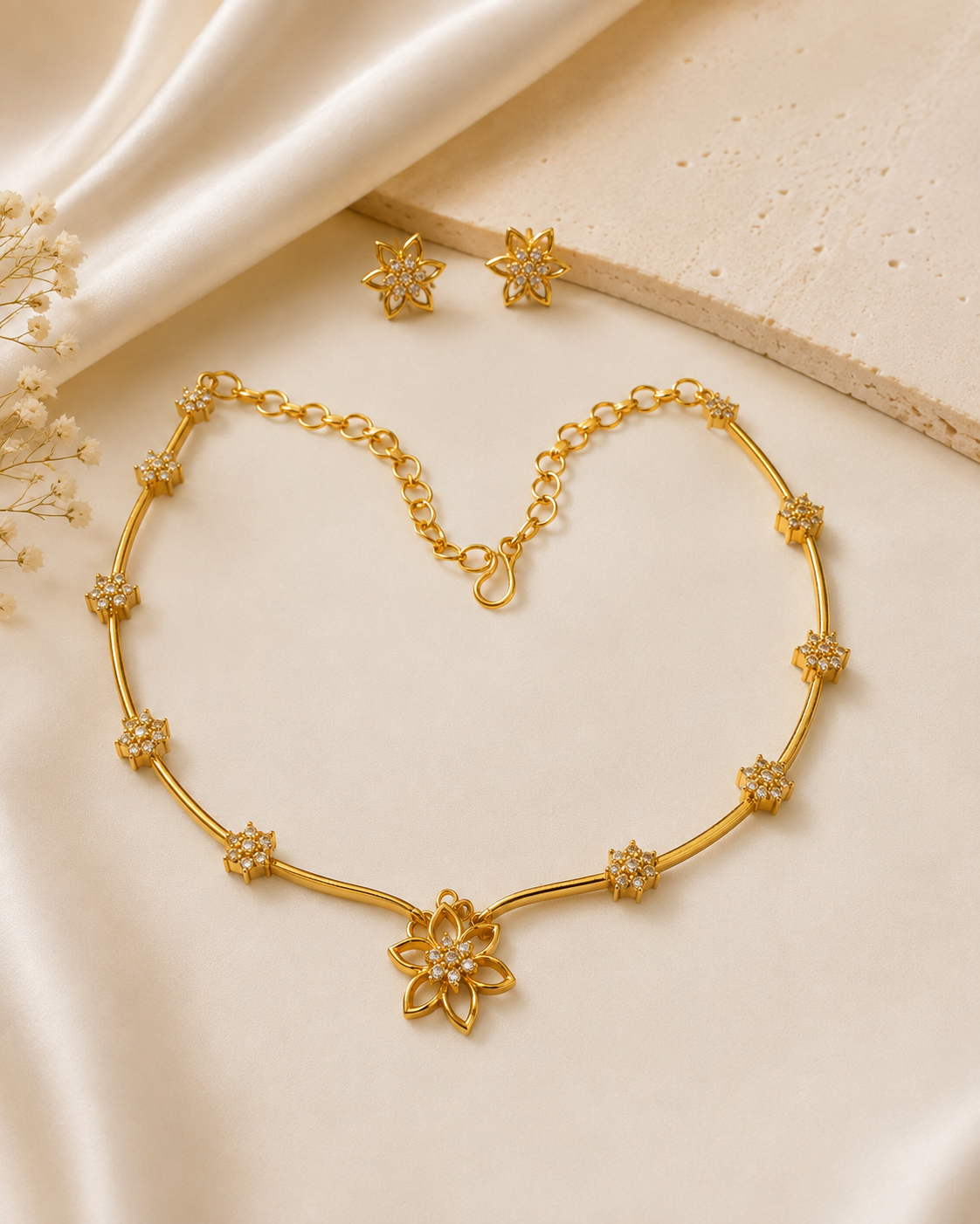 Gold White CZ Pave Open Lotus Flower Pendant Tube Bar Station Necklace Set | ONK65