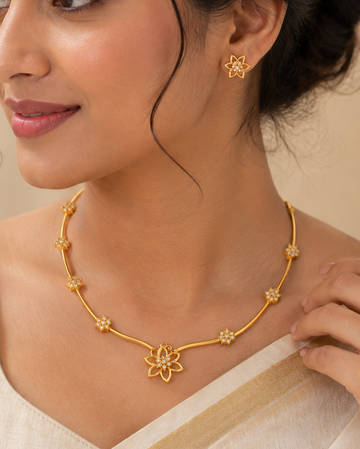 Gold White CZ Pave Open Lotus Flower Pendant Tube Bar Station Necklace Set | ONK65