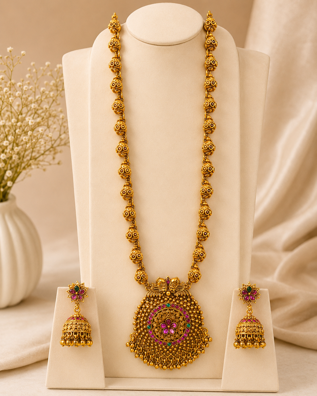 Antique Gold Ruby Emerald Kemp Nakshi Long Haram-Pattern 2 | ONK14