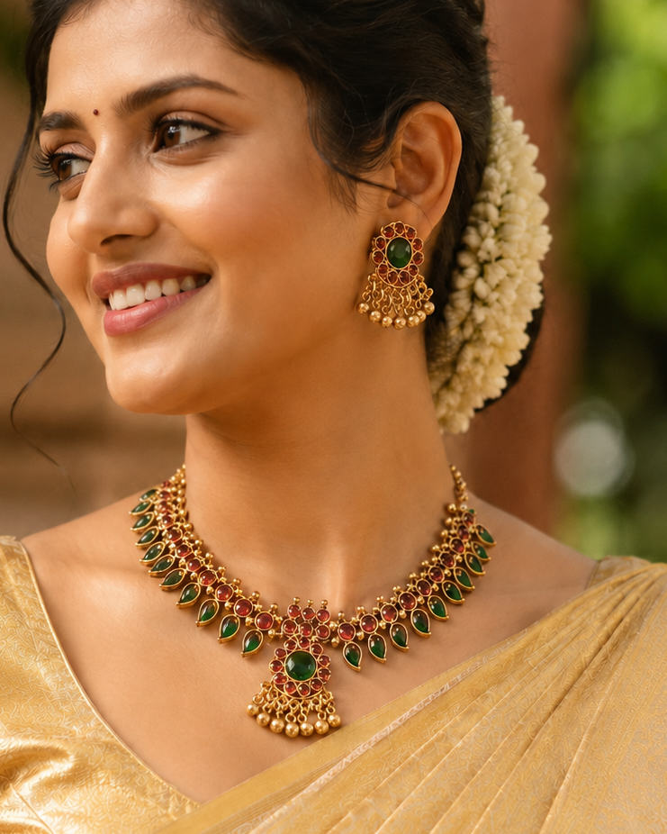 Gold Ruby Emerald Kemp Teardrop Fan Choker Necklace Set with Jhumka Pendant | OL112