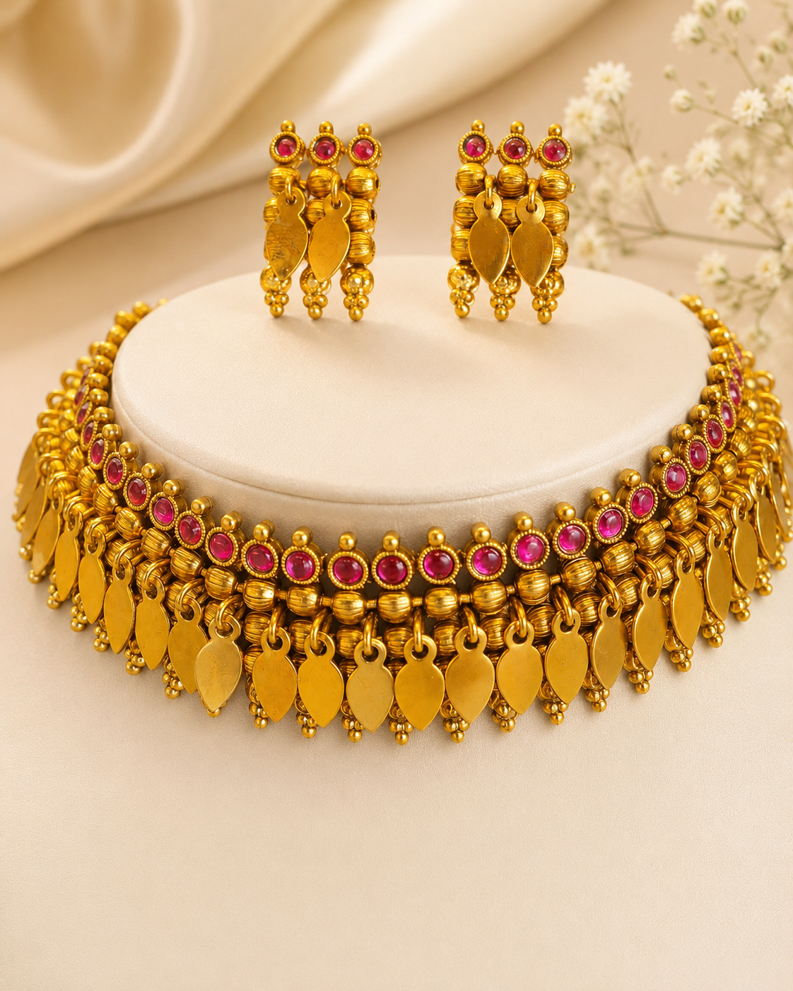 Antique Gold Ruby Elakkathali Leaf Charm Fringe Choker Set | OL84