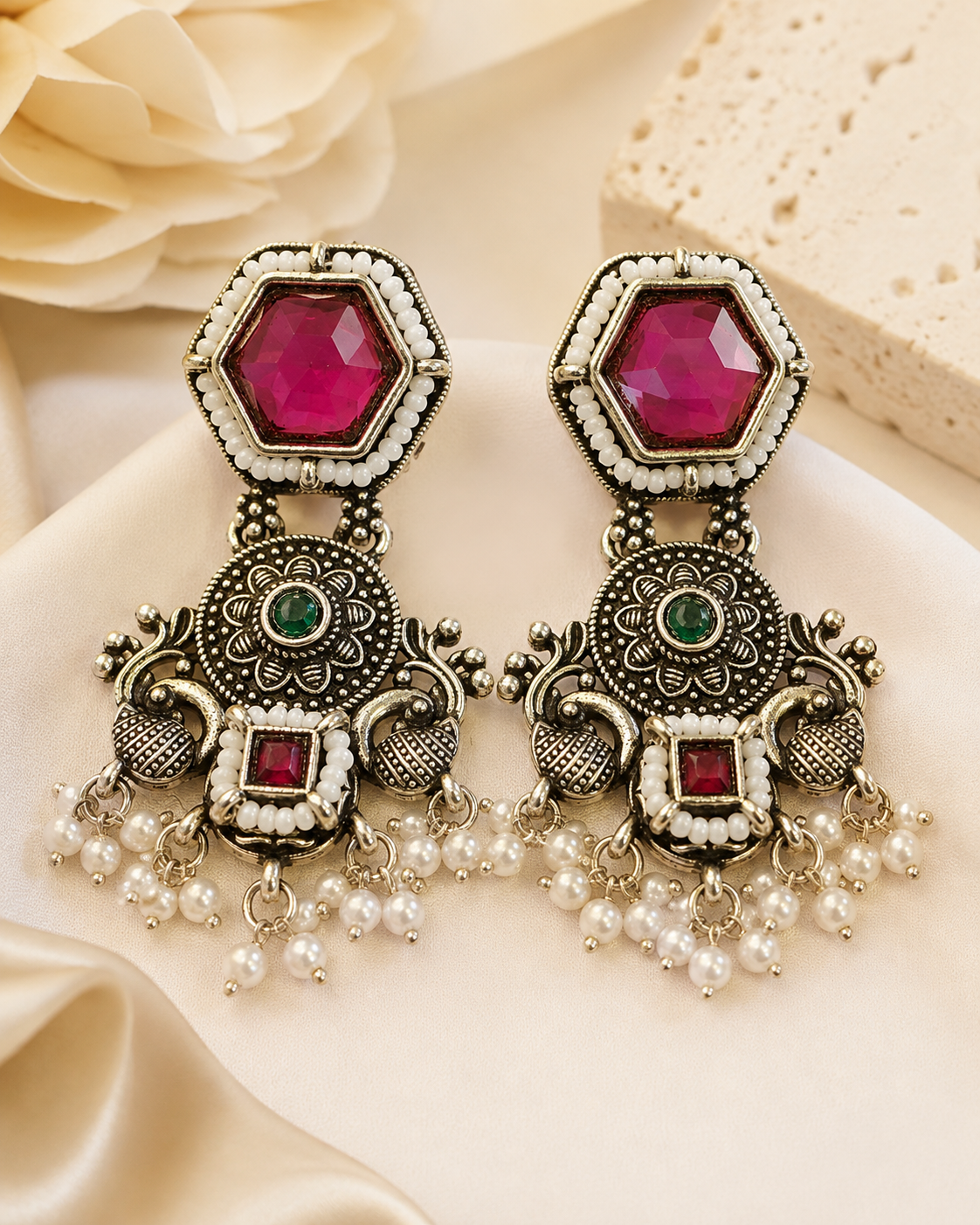 Oxidised Silver ,Ruby Emerald Pearl Fringe Drop Earrings | OLS6