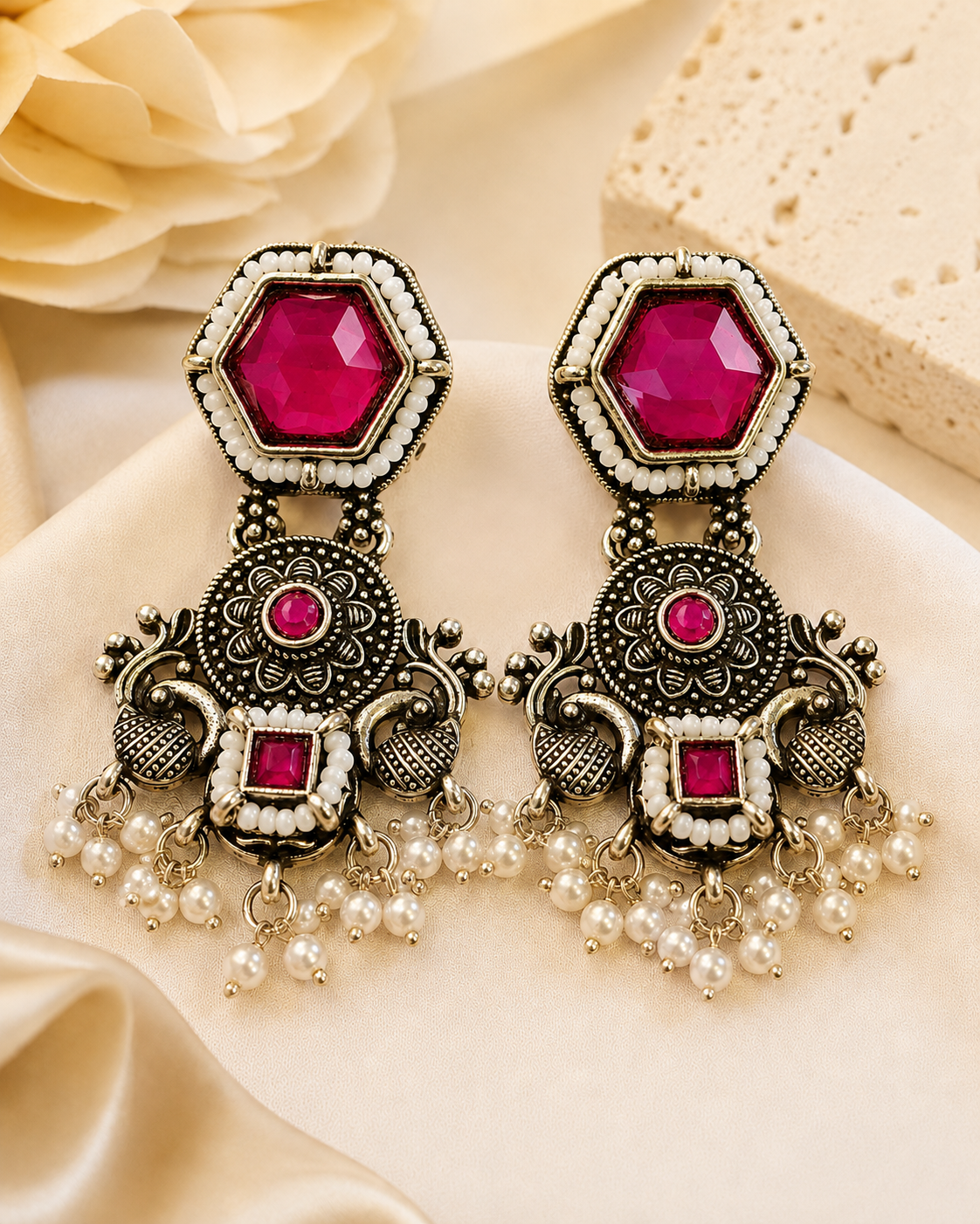 Oxidised Silver ,Ruby Emerald Pearl Fringe Drop Earrings | OLS6