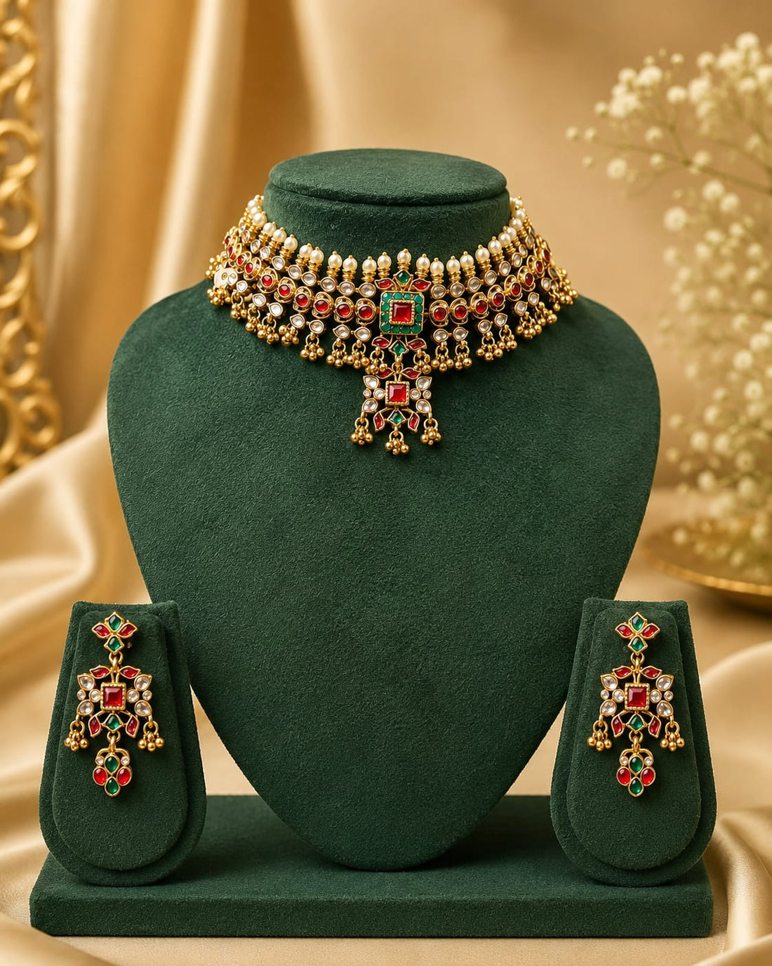 Gold Polki CZ Ruby Emerald Square Pendant Wide Choker Necklace Set | OL120