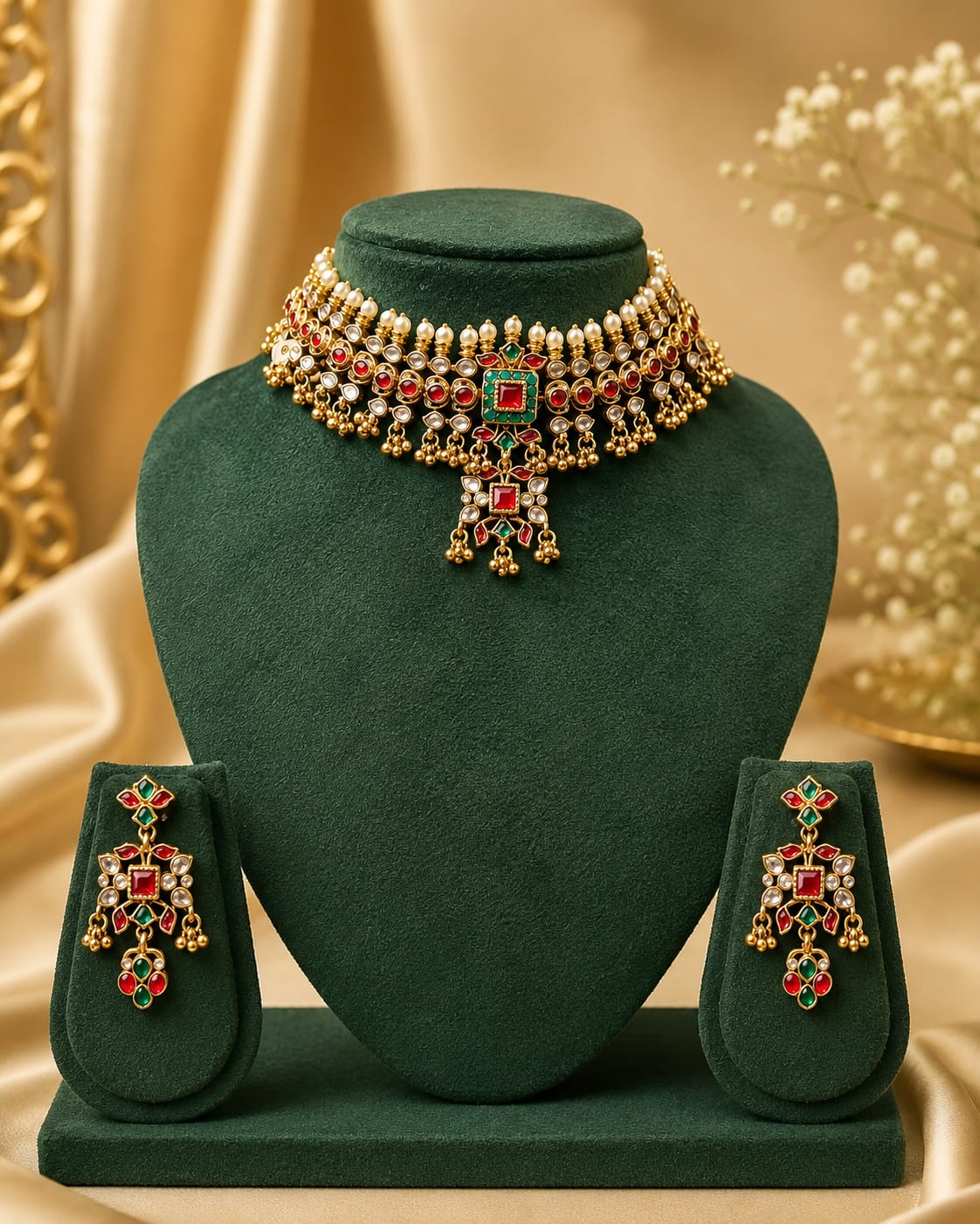 Gold Polki CZ Ruby Emerald Square Pendant Wide Choker Necklace Set | OL120