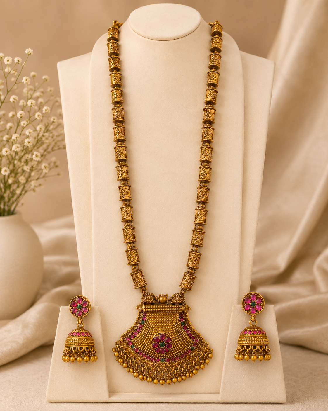 Antique Gold Ruby Emerald Kemp Nakshi Long Grand Dome Pendant -Pattern 3 | ONK14