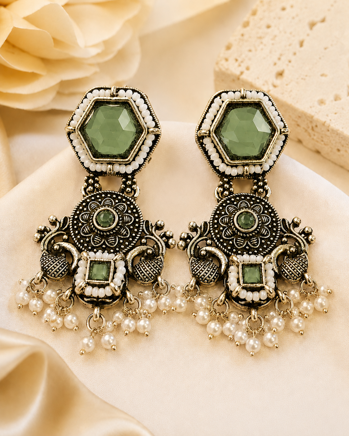 Oxidised Silver ,Ruby Emerald Pearl Fringe Drop Earrings | OLS6