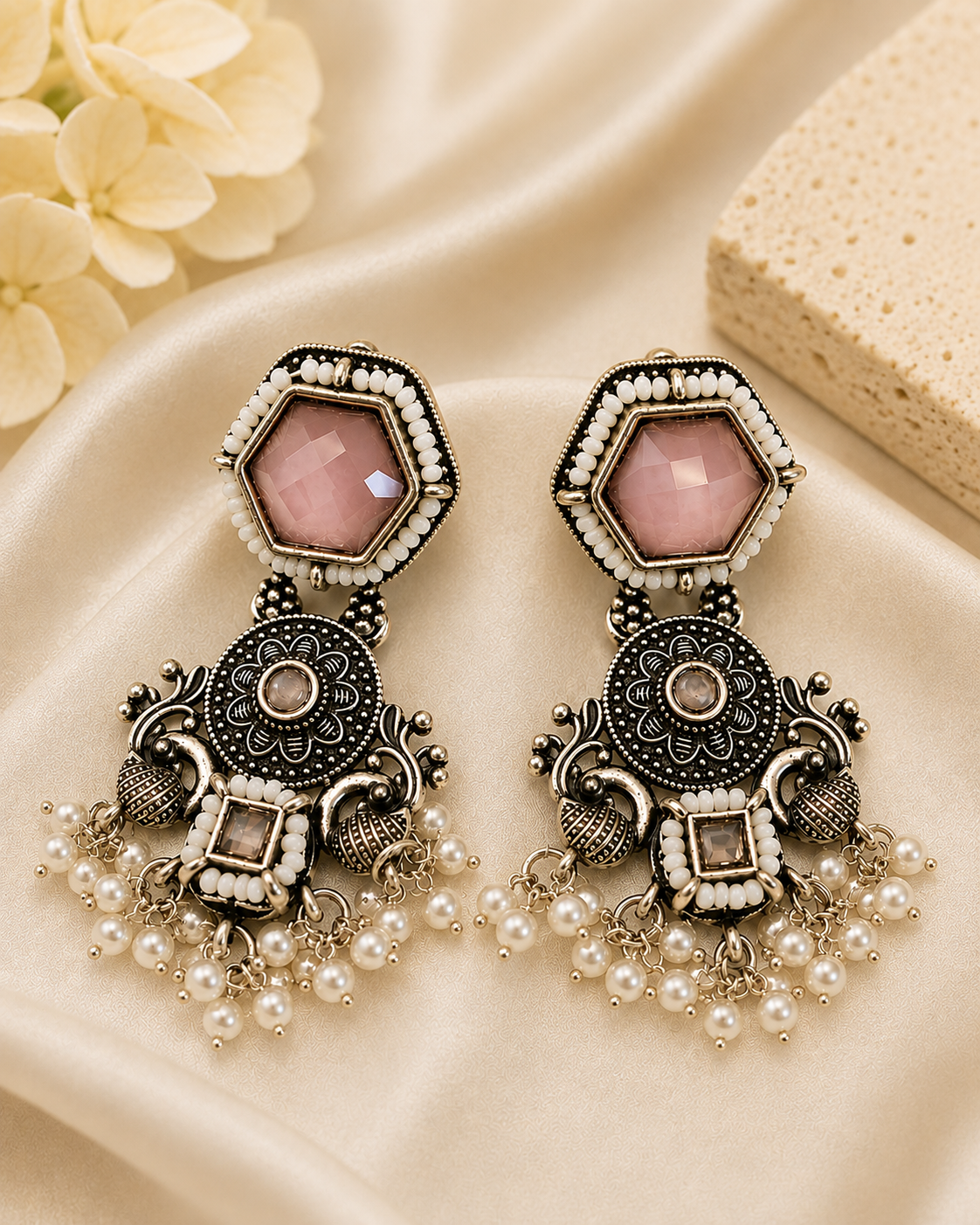 Oxidised Silver ,Ruby Emerald Pearl Fringe Drop Earrings | OLS6