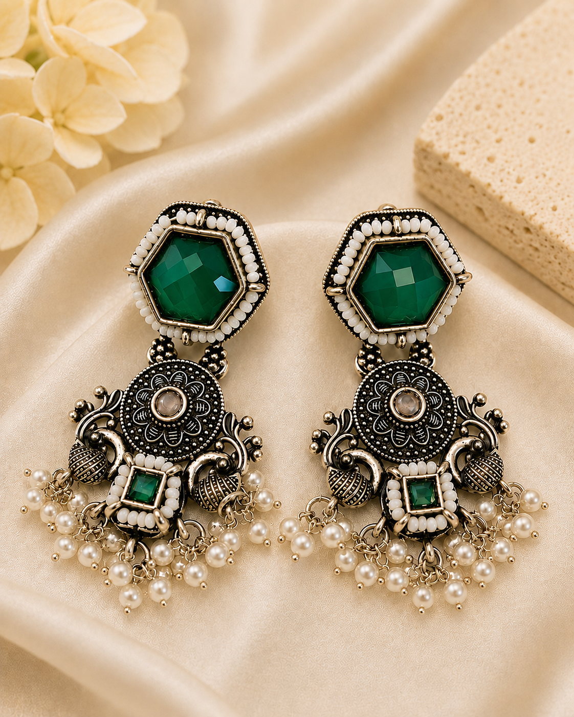 Oxidised Silver ,Ruby Emerald Pearl Fringe Drop Earrings | OLS6