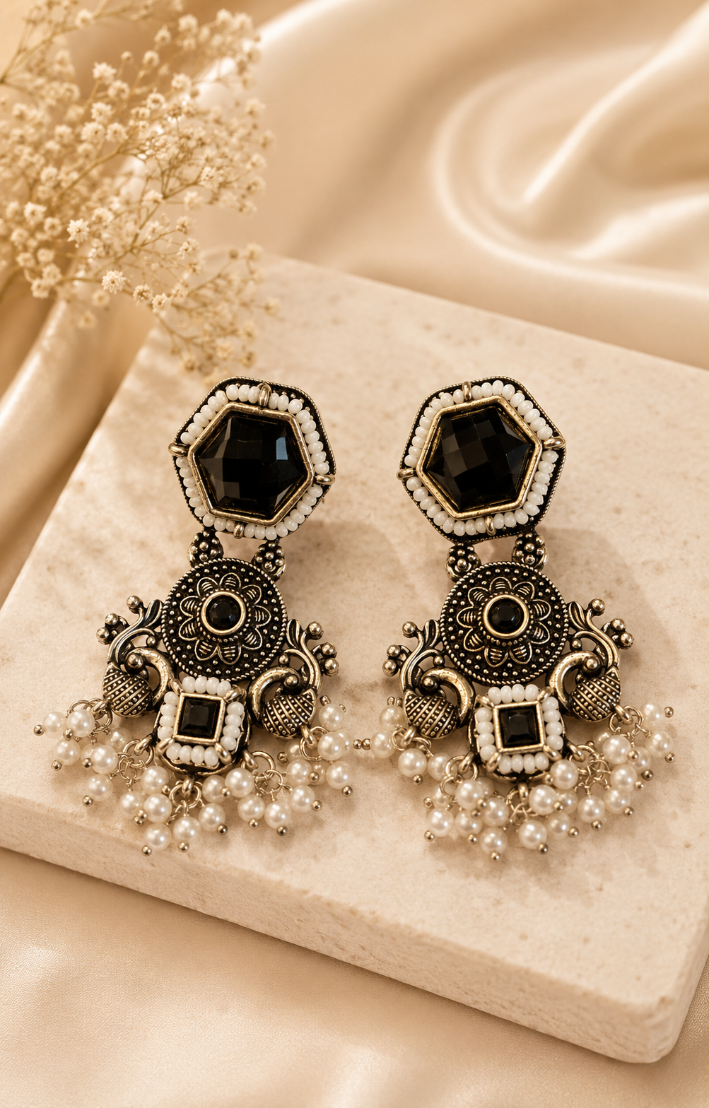 Oxidised Silver ,Ruby Emerald Pearl Fringe Drop Earrings | OLS6