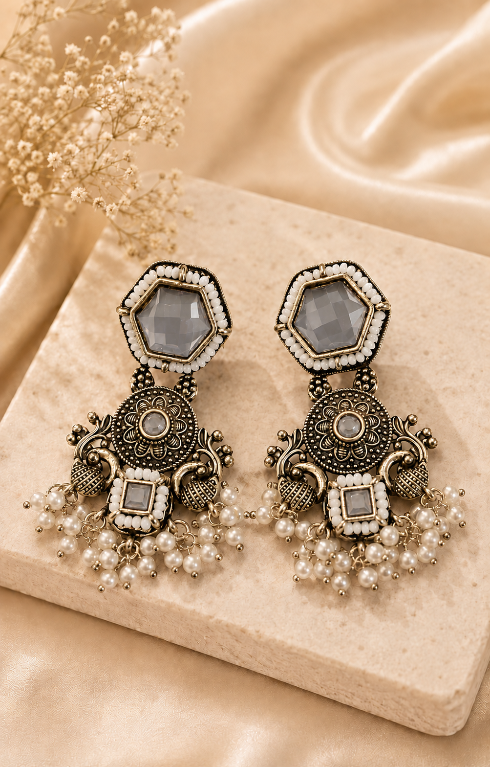 Oxidised Silver ,Ruby Emerald Pearl Fringe Drop Earrings | OLS6