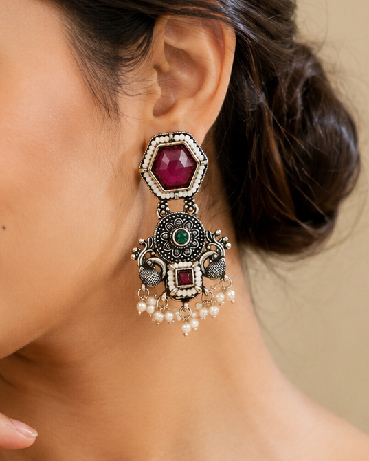 Oxidised Silver ,Ruby Emerald Pearl Fringe Drop Earrings | OLS6