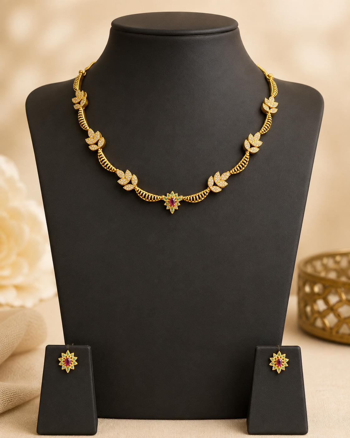 Gold White CZ Necklace Set with Ruby Emerald Sunburst Pendant | ONK77