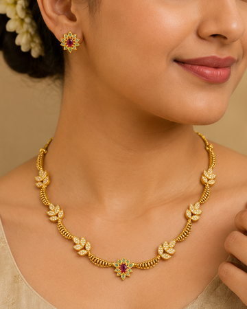 Gold White CZ Necklace Set with Ruby Emerald Sunburst Pendant | ONK77