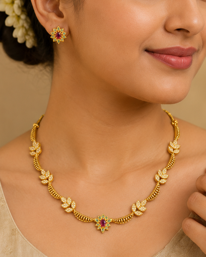 Gold White CZ Necklace Set with Ruby Emerald Sunburst Pendant | ONK77