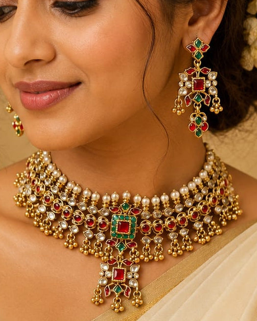 Gold Polki CZ Ruby Emerald Square Pendant Wide Choker Necklace Set | OL120