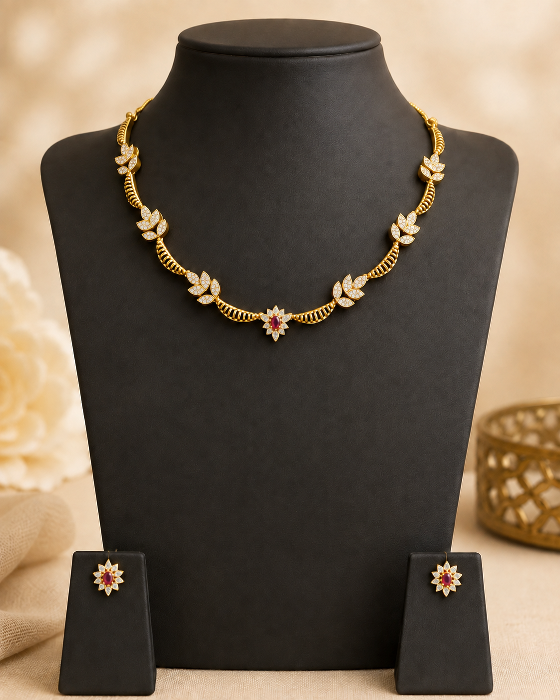 Gold White CZ Necklace Set with Ruby Emerald Sunburst Pendant | ONK77