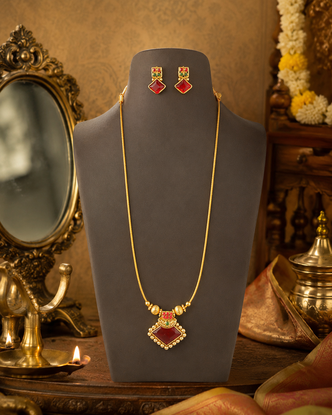 Gold Red and GreenLong Chain Necklace Set with Matching Drop Earrings | L15019