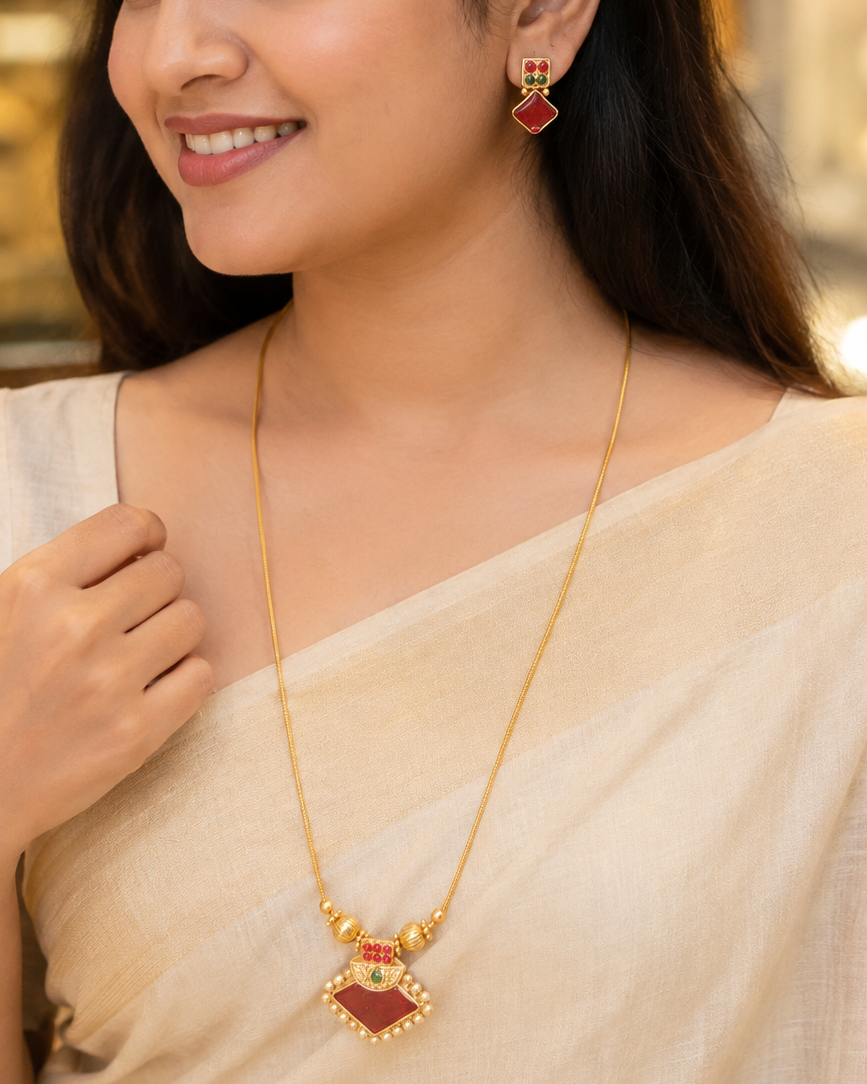Gold Red and GreenLong Chain Necklace Set with Matching Drop Earrings | L15019