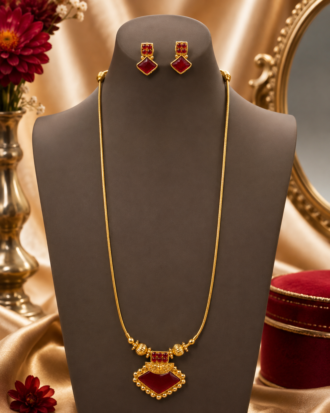 Gold Red and GreenLong Chain Necklace Set with Matching Drop Earrings | L15019