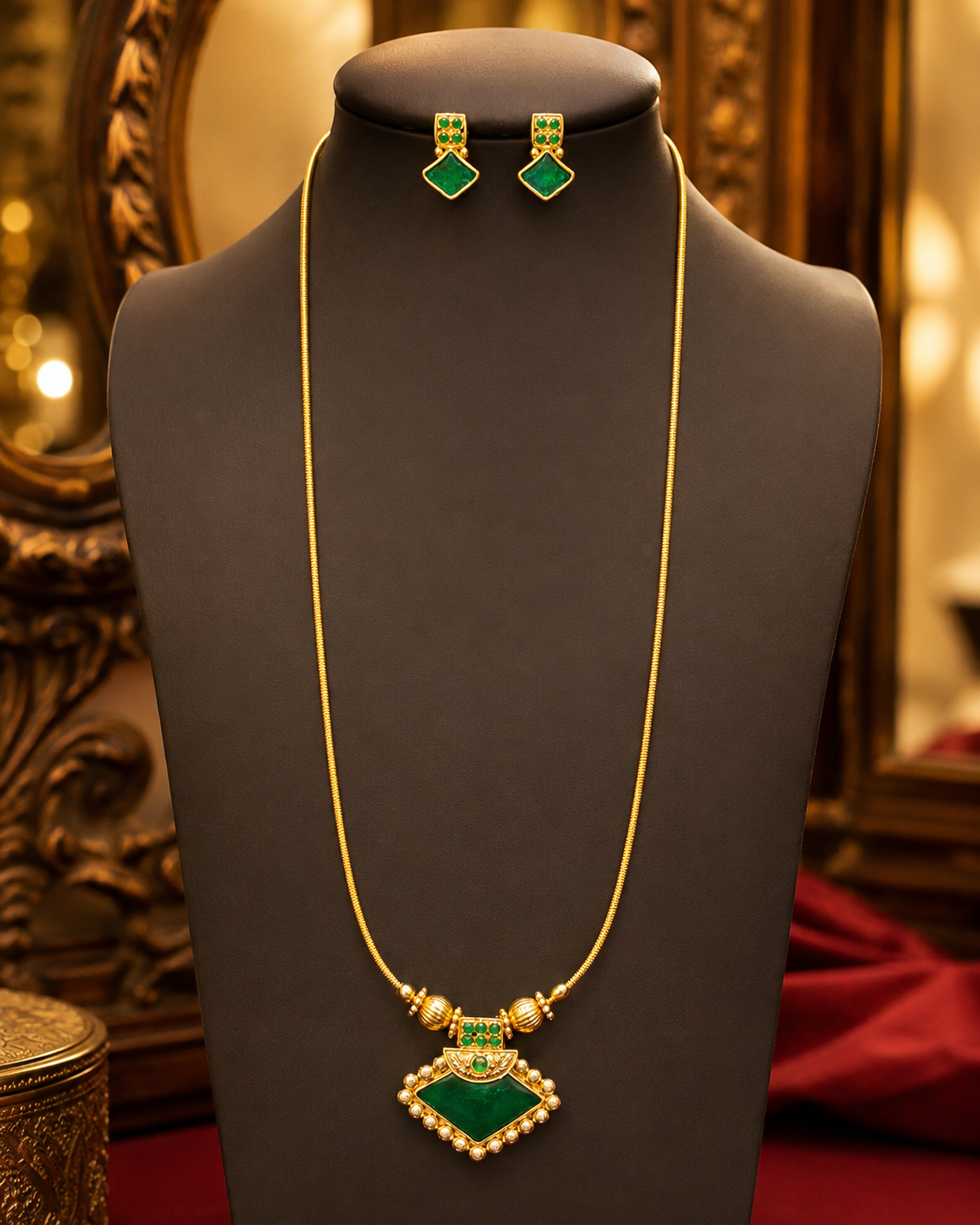 Gold Red and GreenLong Chain Necklace Set with Matching Drop Earrings | L15019