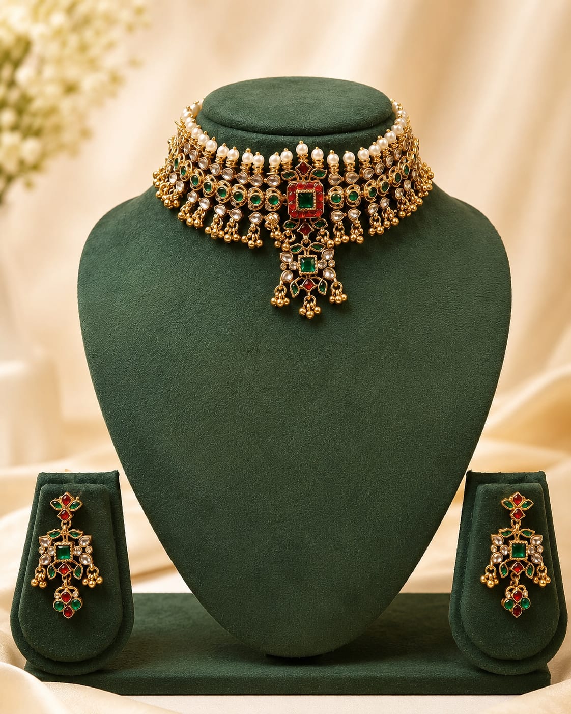 Gold Polki CZ Ruby Emerald Square Pendant Wide Choker Necklace Set | OL120