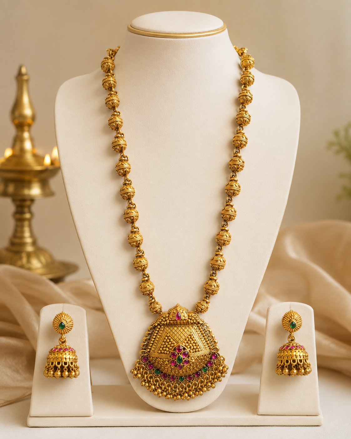 Antique Ruby Emerald Kemp Crescent Moon Fringe Necklace Set-Pattern 4  | ONK14