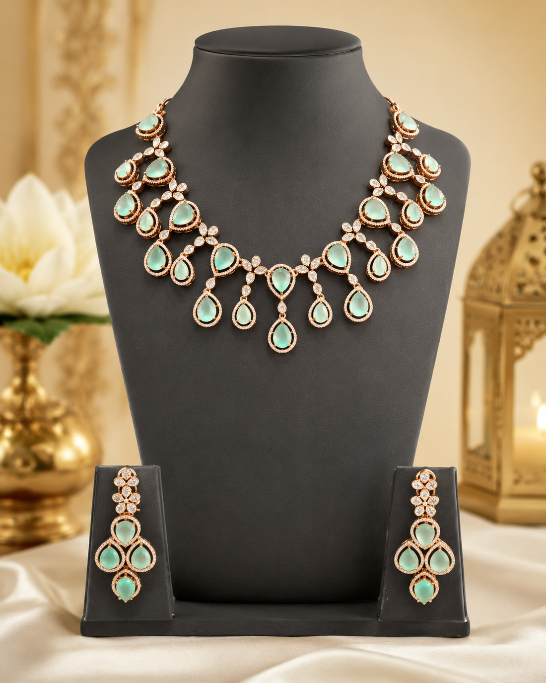 Rose Gold Mint Green Teardrop Necklace Set | L7665