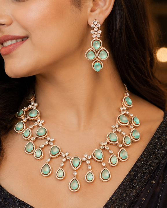 Rose Gold Mint Green Teardrop Necklace Set | L7665