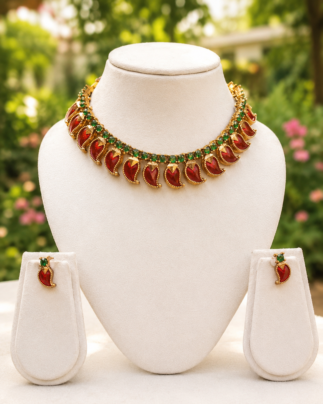 Gold Ruby Red Mango Paisley Emerald CZ Choker Necklace Set |  OL101