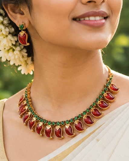 Gold Ruby Red Mango Paisley Emerald CZ Choker Necklace Set |  NK1113